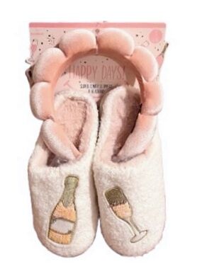 🆕- Champagne Embroidered Slippers with Matching Plush Headband